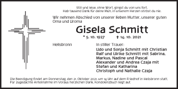 Traueranzeige von Gisela Schmitt von Ansbach