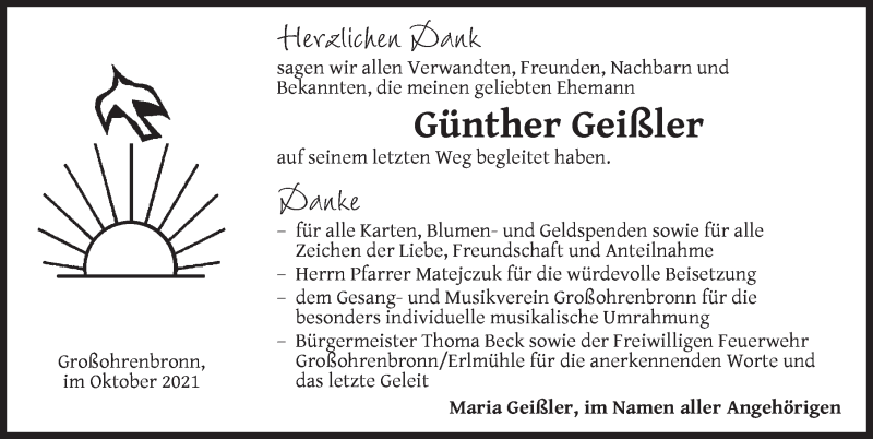  Traueranzeige für Günther Geißler vom 30.10.2021 aus Dinkelsbühl/ Feuchtwangen