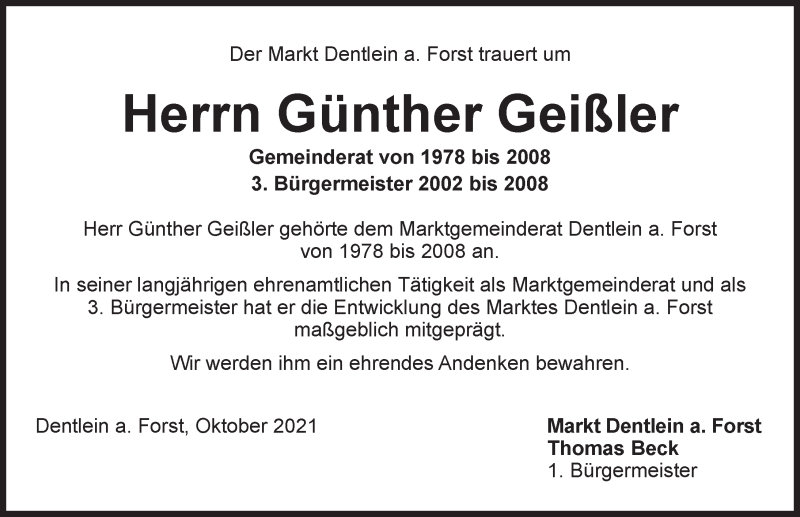  Traueranzeige für Günther Geißler vom 13.10.2021 aus Dinkelsbühl/ Feuchtwangen