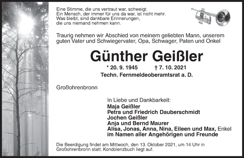  Traueranzeige für Günther Geißler vom 09.10.2021 aus Dinkelsbühl/ Feuchtwangen