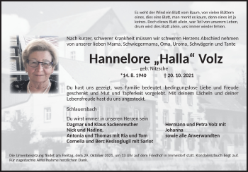 Traueranzeige von Hannelore  Volz von Ansbach