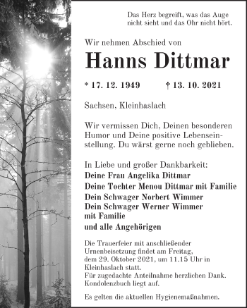 Traueranzeige von Hanns Dittmar von Ansbach