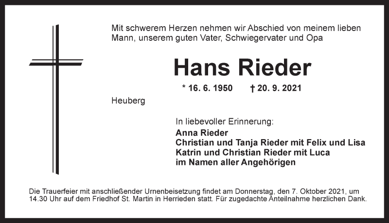  Traueranzeige für Hans Rieder vom 05.10.2021 aus Dinkelsbühl/ Feuchtwangen