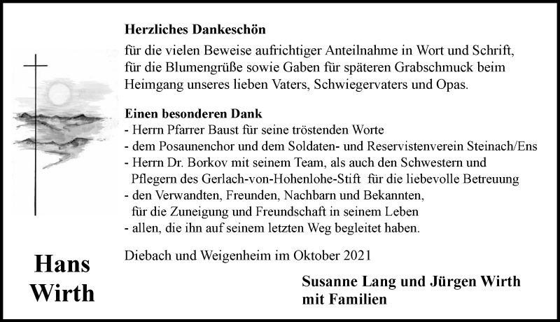  Traueranzeige für Hans Wirth vom 23.10.2021 aus Neustadt/ Scheinfeld/ Uffenheim