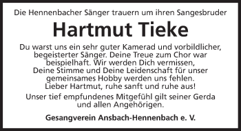 Traueranzeige von Hartmut Tieke von Ansbach