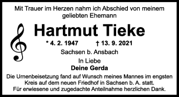 Traueranzeige von Hartmut Tieke von Ansbach