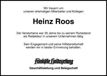 Traueranzeige von Heinz Roos von Neustadt/ Scheinfeld/ Uffenheim