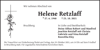 Traueranzeige von Helene Retzlaff von Ansbach