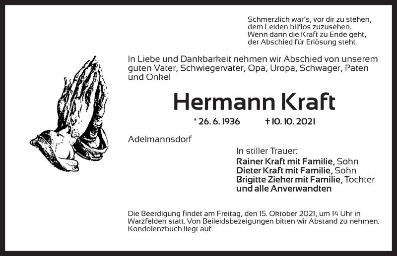  Traueranzeige für Hermann Kraft vom 13.10.2021 aus Ansbach