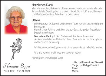 Traueranzeige von Hermine Bayer von Dinkelsbühl/ Feuchtwangen