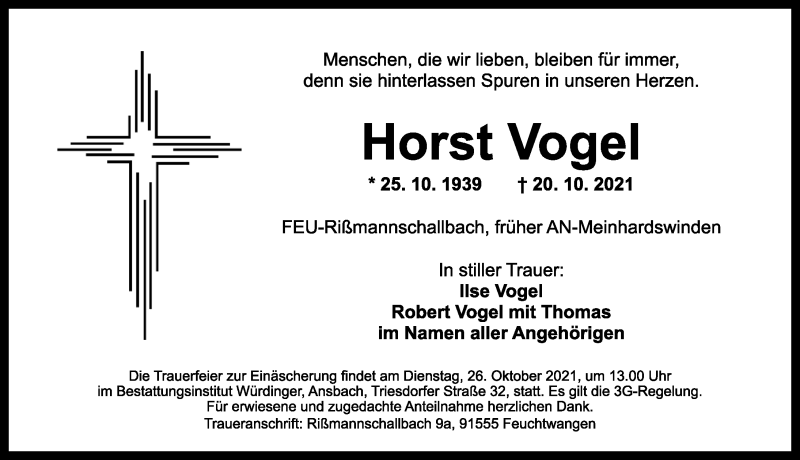  Traueranzeige für Horst Vogel vom 23.10.2021 aus Ansbach