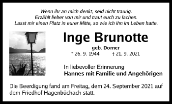 Traueranzeige von Inge Brunotte von Neustadt/ Scheinfeld/ Uffenheim