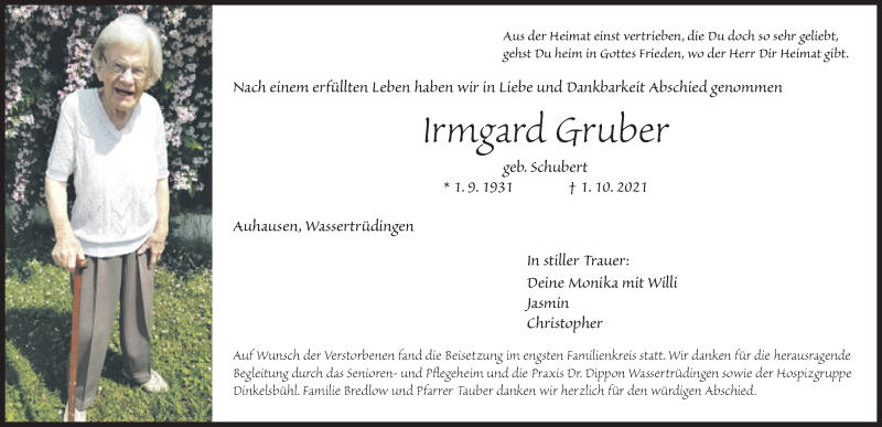  Traueranzeige für Irmgard Gruber vom 16.10.2021 aus Dinkelsbühl/ Feuchtwangen