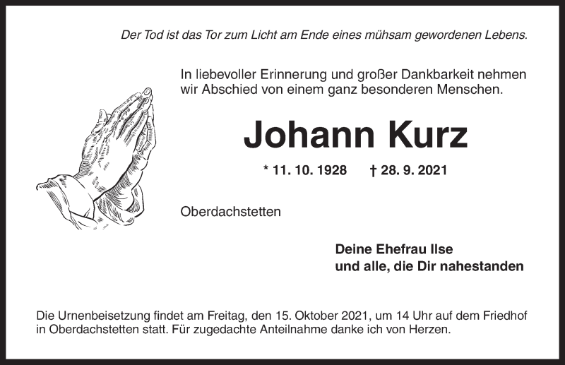  Traueranzeige für Johann Kurz vom 13.10.2021 aus Ansbach