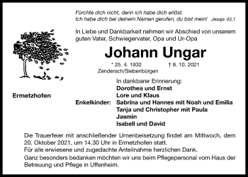 Traueranzeige von Johann Ungar von Neustadt/ Scheinfeld/ Uffenheim