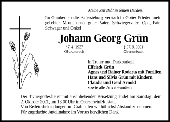 Traueranzeige von Johann Georg Grün von Neustadt/ Scheinfeld/ Uffenheim