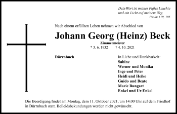 Traueranzeige von Johann Georg Heinz Beck von Neustadt/ Scheinfeld/ Uffenheim