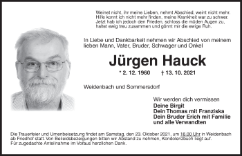 Traueranzeige von Jürgen Hauck von Ansbach