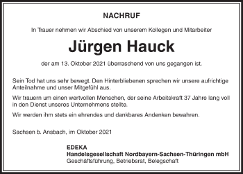 Traueranzeige von Jürgen Hauck von Ansbach