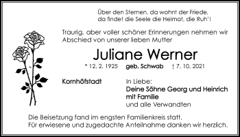 Traueranzeige von Juliane Werner von Neustadt/ Scheinfeld/ Uffenheim