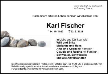 Traueranzeige von Karl Fischer von Dinkelsbühl/ Feuchtwangen