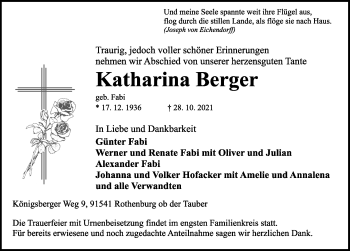Traueranzeige von Katharina Berger von Rothenburg