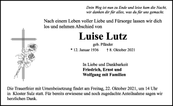 Traueranzeige von Luise Lutz von Rothenburg