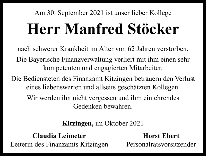  Traueranzeige für Manfred Stöcker vom 16.10.2021 aus Neustadt/ Scheinfeld/ Uffenheim