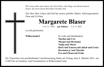 Traueranzeige von Margarete Blaser von Neustadt/ Scheinfeld/ Uffenheim