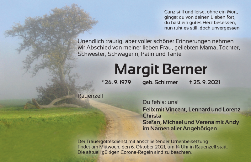  Traueranzeige für Margit Berner vom 05.10.2021 aus Ansbach