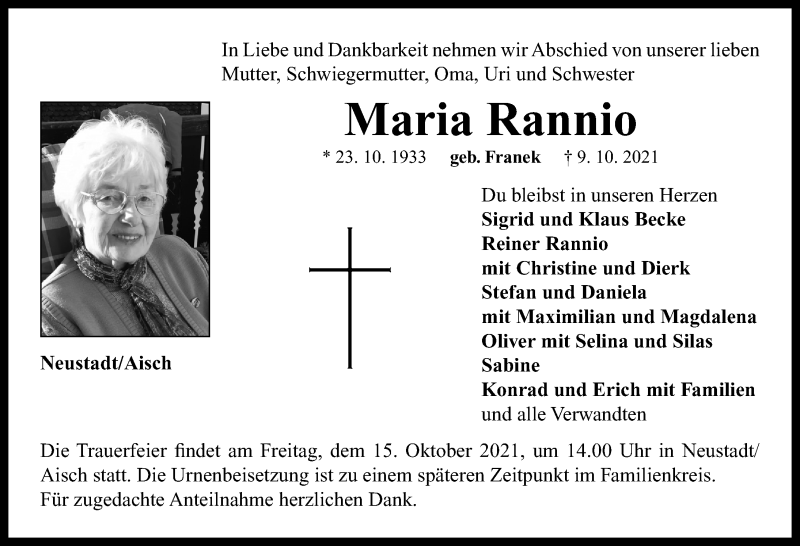  Traueranzeige für Maria Rannio vom 13.10.2021 aus Neustadt/ Scheinfeld/ Uffenheim
