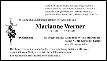 Traueranzeige von Marianne Werner von Neustadt/ Scheinfeld/ Uffenheim