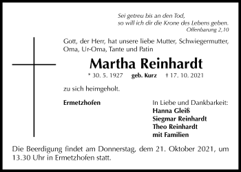 Traueranzeige von Martha Reinhardt von Neustadt/ Scheinfeld/ Uffenheim