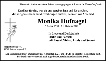 Traueranzeige von Monika Hufnagel von Rothenburg