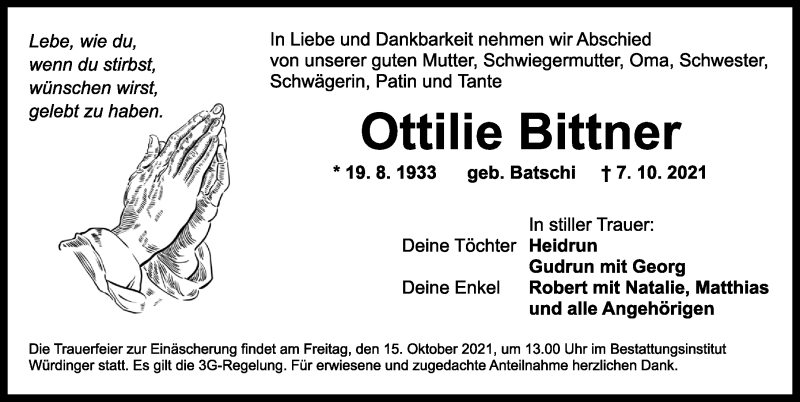  Traueranzeige für Ottilie Bittner vom 13.10.2021 aus Ansbach