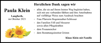 Traueranzeige von Paula Klein von Dinkelsbühl/ Feuchtwangen