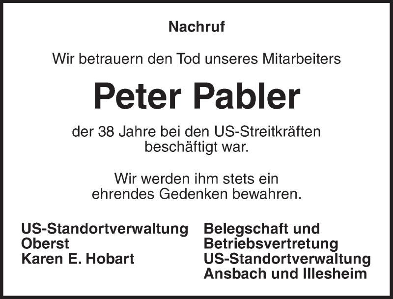  Traueranzeige für Peter Pabler vom 20.10.2021 aus Ansbach