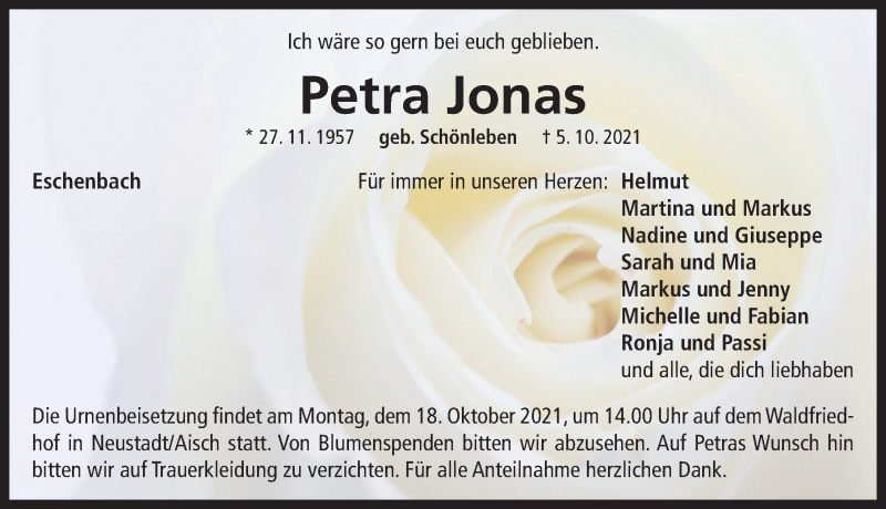  Traueranzeige für Petra Jonas vom 13.10.2021 aus Neustadt/ Scheinfeld/ Uffenheim
