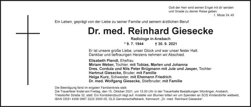  Traueranzeige für Reinhard Giesecke vom 13.10.2021 aus GE