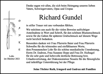 Traueranzeige von Richard Gundel von Rothenburg