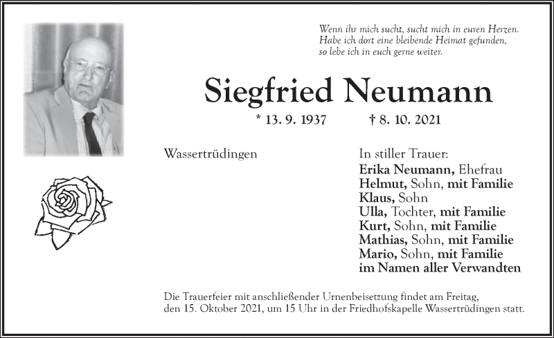  Traueranzeige für Siegfried Neumann vom 13.10.2021 aus Dinkelsbühl/ Feuchtwangen