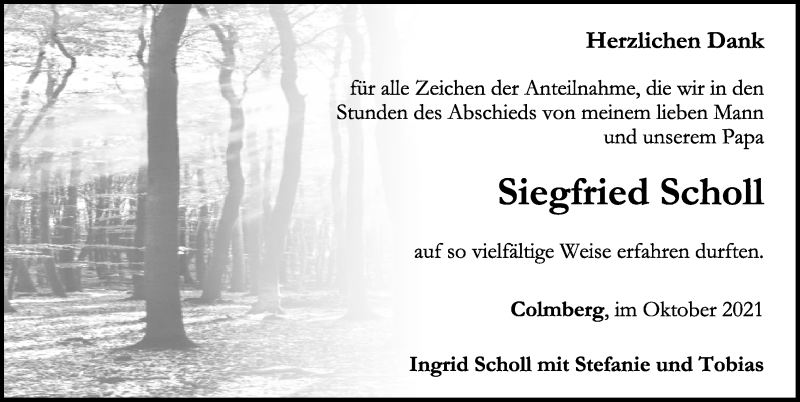  Traueranzeige für Siegfried Scholl vom 23.10.2021 aus Ansbach