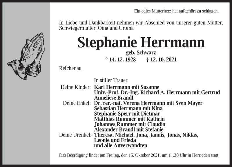  Traueranzeige für Stephanie Herrmann vom 14.10.2021 aus Ansbach
