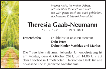 Traueranzeige von Theresia Gaab-Neumann von Neustadt/ Scheinfeld/ Uffenheim