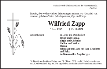 Traueranzeige von Wilfried Zapp von Ansbach