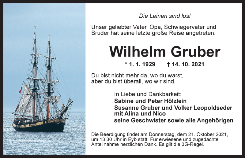 Traueranzeige für Wilhelm Gruber vom 18.10.2021 aus Ansbach