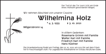 Traueranzeige von Wilhelmina Holz von Dinkelsbühl/ Feuchtwangen