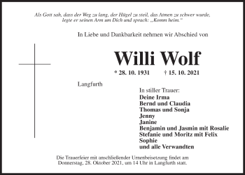 Traueranzeige von Willi Wolf von Dinkelsbühl/ Feuchtwangen