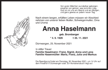 Traueranzeige von Anna Haselmann von Dinkelsbühl/ Feuchtwangen