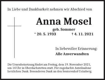 Traueranzeige von Anna Mosel von Ansbach